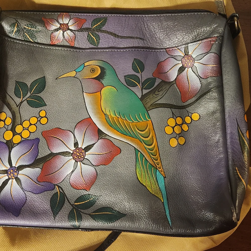 Anuschka Hand-Painted Floral Black Leather Bag 12x10 - Picture 5 of 7